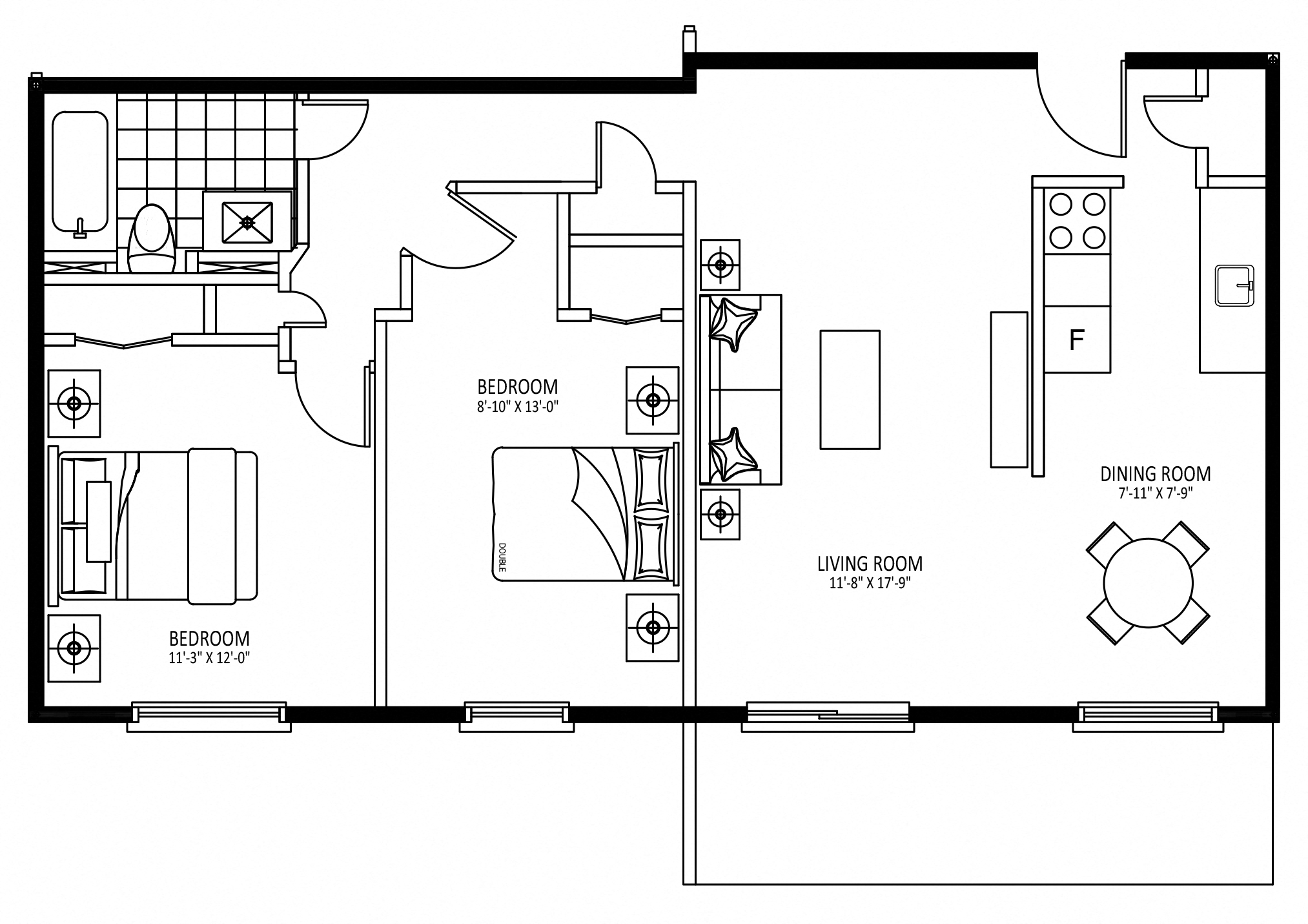 Floor plan for 2 beds, 1 bath, 923 sqft